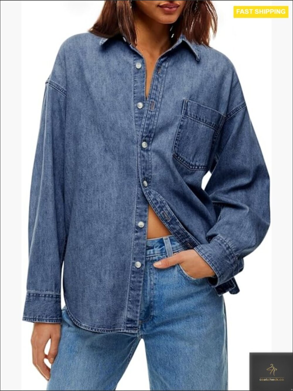 Oversized Denim Shirt Jacket Button Down Long Sleeve Top Casual Chic